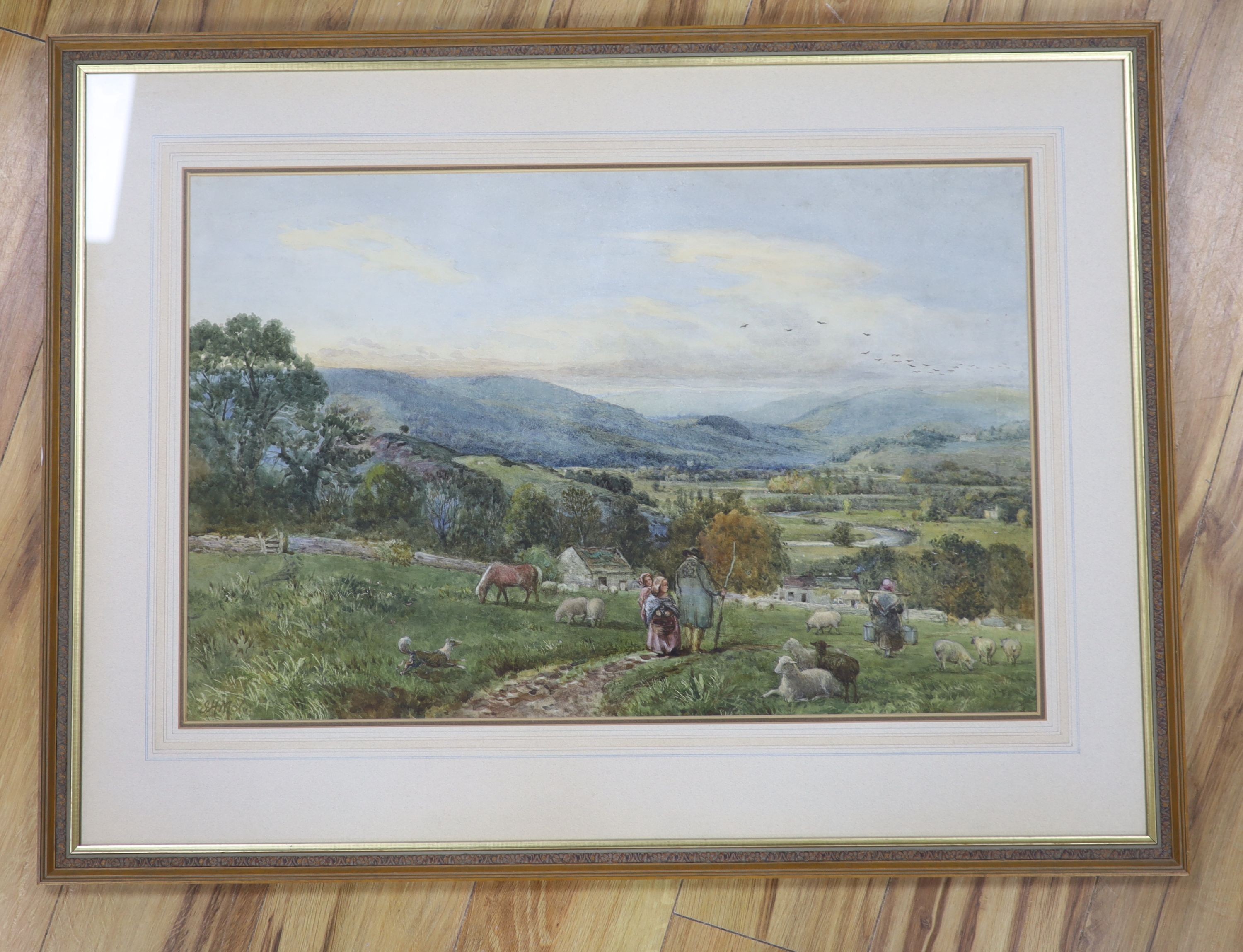 John Henry Mole (1814-1886), watercolour, Shepherd and flock on the downs, signed, 45 x 69cm